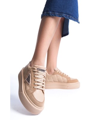 DMR Elegance Prag Bağcıklı Ortopedik Taban Desenli Kadın Sneaker Spor Ayakkabı Ctt - Ten