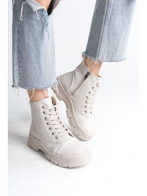 DMR Elegance Bloom Bağcıklı Fermuarlı Ortopedik Taban Kadın Bot  Ckt - Krem