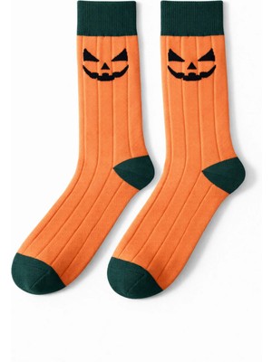 Solde Erkek Pamuklu Günlük Çorap – Kabak (Halloween) Desenli, Turuncu/yeşil, Kaliteli