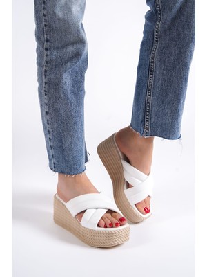 DMR Elegance Joymıx Dolgu Topuklu Ortopedik Taban Hasır Görünümlü Kadın Terlik Ckt - Beyaz