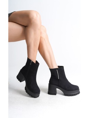 DMR Elegance Lısse Fermuarlı Ortopedik Taban Kalın Topuklu Süet Kadın Bot Sst - Siyah
