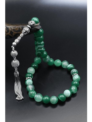 Prestige Gümüş 925 Ayar Gümüş Tesbih Doğal Yeşil Akik Taşlı 10MM Küre Kesim 902616