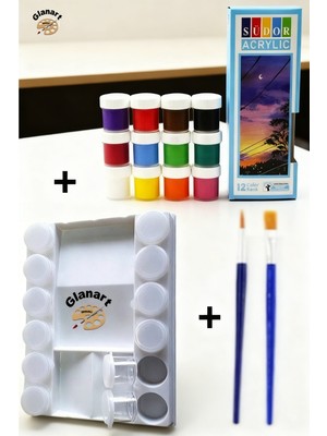 Glanart 12 Renk Akrilik Boya Seti+ 12 Şişeli Palet ,fırça Seti (Renk Karıştırmanız Için)