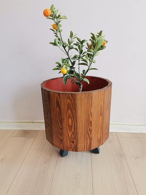 Leaf Shop Mobilya Ahşap Ahşap Saksı Yuvarlak Büyük Boy Saksılık Kestane