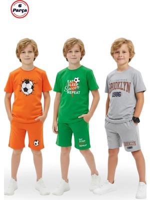 Fyk Kids 3'lü Bisiklet Yaka Baskı Detaylı Renkli Kaprili Erkek Çocuk 6 Parça Alt Üst Takım