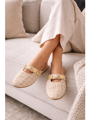 Slipcat Inci ve Gold Tokalı Ekose Dokulu Şık Kadın Terlik Ev Terliği