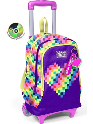 Coral High Kids Renkli Piksel Kalp Desenli Üç Bölmeli Çekçekli Okul Sırt Çantası 34008