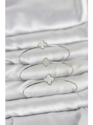 İlk El Grup Ieg™  Gümüş Renk Yonca Model Zirkon Taşlı 3'lü Kadın Bileklik Kombini TG27BB8344