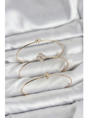 İlk El Grup Ieg™  Zirkon Taşlı Gold Renk Yonca Tasarım 3'lü Kadın Bileklik Kombini TG27BB8353