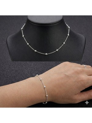 Shiklik 2'li Kadın Gümüş Renk Ince Top Zincir Kolye ve Bileklik Seti