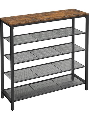 Leaf Shop Ayakkabı Rafı, Ayakkabı Rafı, 4 Izgaralı ve Geniş Yüzeyli Cepler Için, Giriş Alanı, Koridor, Metal, Endüstriyel Tasarım, 30 x 100 x 92,5 Cm, Vintage Kahverengi-Siyah LBS15BX