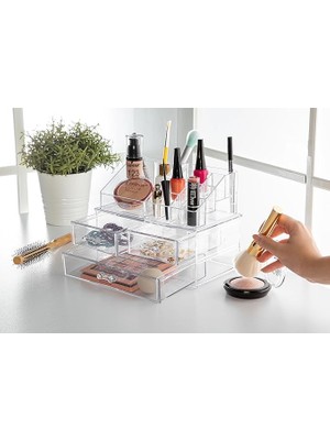 Leaf Shop Çekmeceli Şeffaf Makyaj Organizeri Set Takı Kutusu Düzenleyici (Şeffaf 3 Çekmeceli)