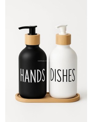 Leaf Shop Bulaşık Deterjanlık ve Sabunluk Seti Bambu Tepsili Şık Ikili Set Siyah Beyaz Modern Tasarım Kompozit Malzemeli Mutfak Tezgah Üstü Organizer (Silindir)