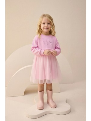 Fiyonk Nakış Detaylı Tüllü Kız Çocuk Elbise