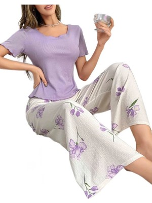 Bipamuk Kadın Kısa Kollu Pijama Takımı Yazlık Rahat Ev Giyim
