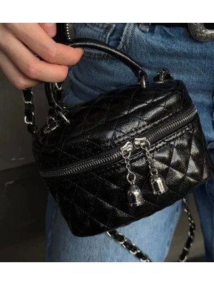 Mercan Bags Kadın Parlak Mini Kutu Zincir Askılı Fermuar Kapamalı Kadın El ve Omuz Çantası