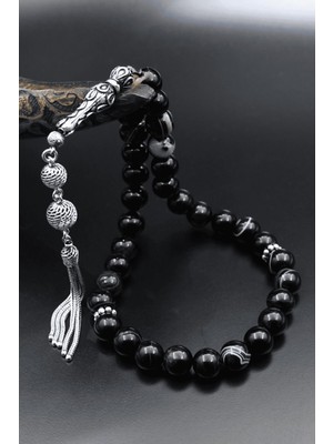 Prestige Gümüş Doğal Siyah Akik Taşlı Tesbih 925 Ayar Gümüş Püsküllü 10MM Küre Kesim 902617