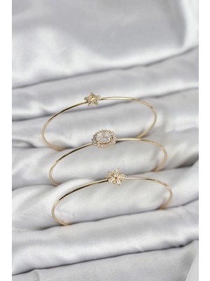 İlk El Grup Ieg™  Zirkon Taşlı Gold Renk Tek Taş Model 3'lü Kadın Bileklik Kombini TG27BB8351