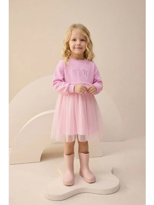 Fiyonk Nakış Detaylı Tüllü Kız Çocuk Elbise