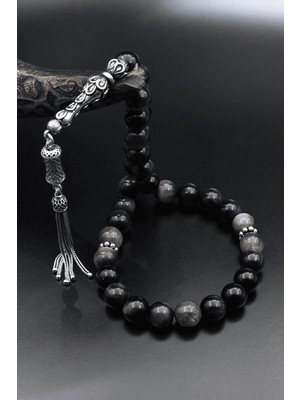Prestige Gümüş Doğal Obsidyen Taşlı Tesbih 925 Ayar Gümüş Püsküllü 10MM Küre Kesim 902618