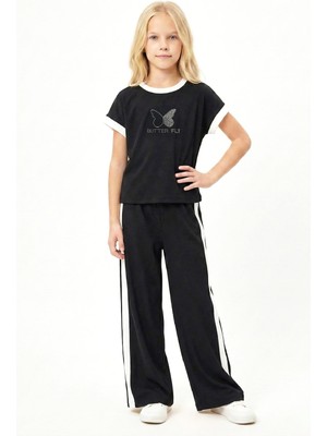 Modanino Kız Çocuk Taşlı Kelebek Baskılı-Biye Detaylı Alt-Üst Takım 4-12 Yaş 12547