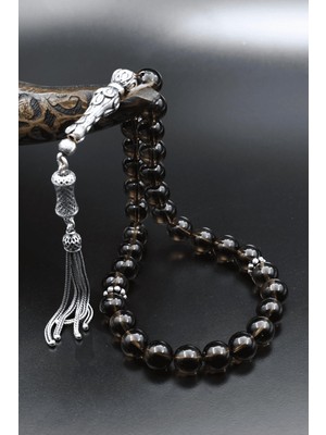 Prestige Gümüş Dumanlı Kuvars Doğal Taşlı Tesbih 925 Ayar Gümüş Püsküllü 10MM Küre Kesim 902621