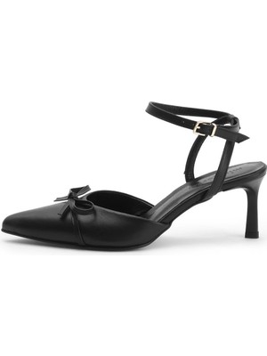 Mio Gusto Bethany Hakiki Deri Siyah Renk Fiyonklu Kadın Topuklu Ayakkabı