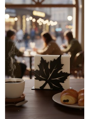 Grandmix Minimalist Metal Peçetelik Yaprak Desenli Siyah Dekoratif Sofra Aksesuarı