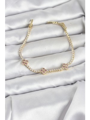 İlk El Grup Ieg™  Pembe Yonca Detaylı Zirkon Taşlı Gold Renk Pirinç Su Yolu Kadın Bileklik TG27BB8327