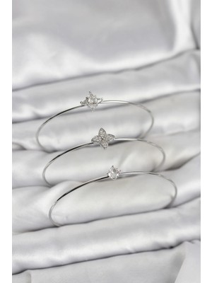 İlk El Grup Ieg™  Zirkon Taşlı Gümüş Renk Yonca Model 3'lü Kadın Bileklik Kombini TG27BB8348