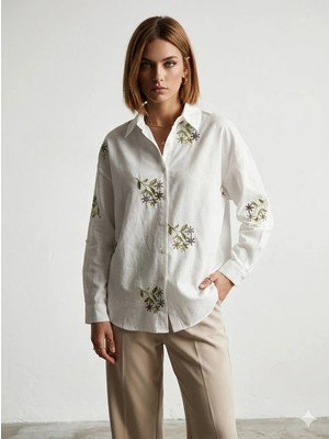 Ribana Classic Kadın Pul Nakış Işlemeli Dokuma Vual Kumaş Gömlek 3240