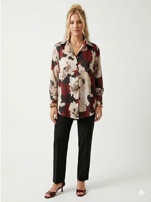 Ribana Classic Kadın Dijital Baskılı Saten Kumaş Klasik Yaka Önü Düğmeli  Manşet Bitişli Uzun Kollu Gömlek 4198