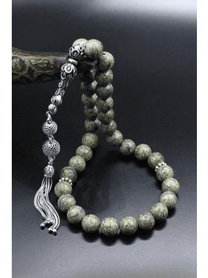 Prestige Gümüş Doğal Zebercet Taşlı Tesbih 925 Ayar Gümüş Püsküllü 10MM Küre Kesim 902620