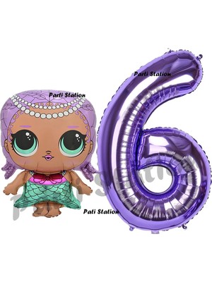 Parti Station Mermaid Lol Bebek 6 Yaş Balon ve Mor Rakam Balon Doğum Günü Parti Set