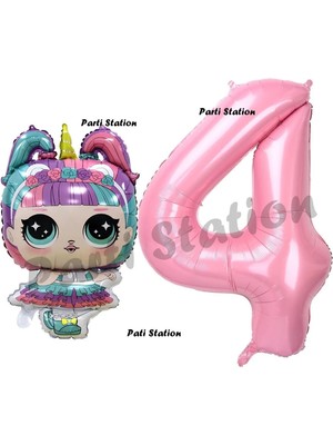 Parti Station Unicorn Lol Bebek 4 Yaş Balon ve Pembe Rakam Balon Doğum Günü Parti Set