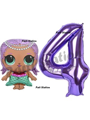 Parti Station Mermaid Lol Bebek 4 Yaş Balon ve Mor Rakam Balon Doğum Günü Parti Set