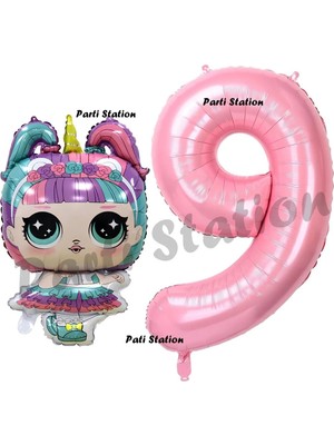 Parti Station Unicorn Lol Bebek 9 Yaş Balon ve Pembe Rakam Balon Doğum Günü Parti Set