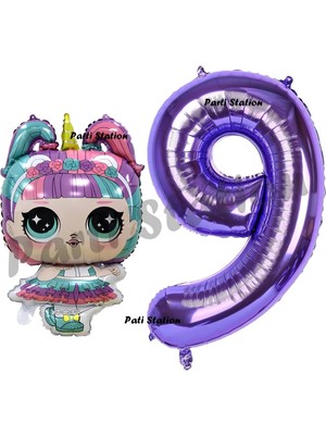 Parti Station Unicorn Lol Bebek 9 Yaş Balon ve Mor Rakam Balon Doğum Günü Parti Set