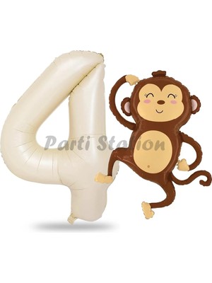 Parti Station Safari Maymun Balon 4 Yaş Balon Set Safari Konsept Sevimli Maymun Balon ve Krem Renk Rakam Balon