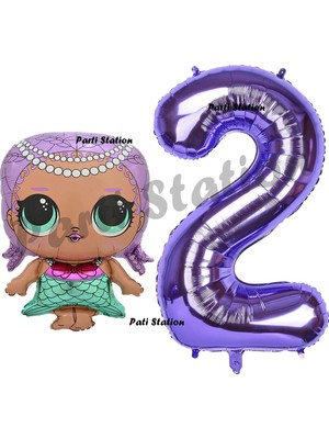 Parti Station Mermaid Bebek 2 Yaş Balon ve Mor Rakam Balon Doğum Günü Parti Set