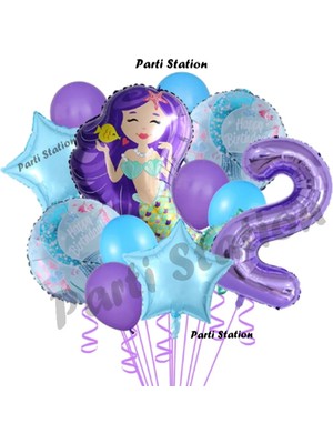 Parti Station Deniz Kızı 2 Yaş Mor Renk Doğum Günü Konsept Balon Set Mermaid Balloon Set