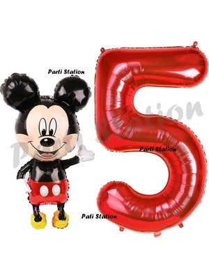 Parti Station Mickey Mouse Balon 5 Yaş Doğum Günü Set Mickey Mouse Konsept Balon ve Kırmızı Rakam Balon