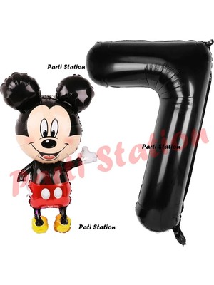 Parti Station Mickey Mouse Balon 7 Yaş Doğum Günü Set Mickey Mouse Konsept Balon ve Siyah Rakam Balon