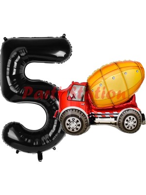 Parti Station Inşaat Mikser Kamyonu Balon 5 Yaş Doğum Günü Balon Set Iş Makinaları Konsept ve Siyah Rakam Balon