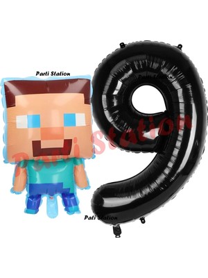 Parti Station Minecraft Balon 9 Yaş Doğum Günü Set Minecraft Konsept Balon ve Siyah Rakam Balon