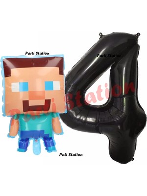 Parti Station Minecraft Balon 4 Yaş Doğum Günü Set Minecraft Konsept Balon ve Siyah Rakam Balon