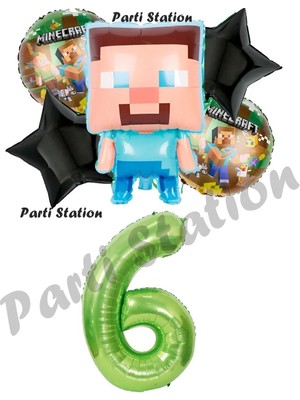 Parti Station Minecraft Balon 6 Yaş Doğum Günü Set Minecraft Konsept Yıldız Balon ve Yeşil Rakam Balon