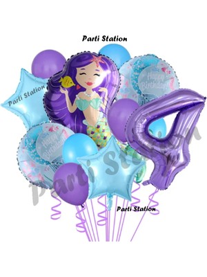 Parti Station Deniz Kızı 4 Yaş Mor Renk Doğum Günü Konsept Balon Set Mermaid Balloon Set