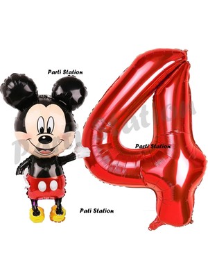 Parti Station Mickey Mouse Balon 4 Yaş Doğum Günü Set Mickey Mouse Konsept Balon ve Kırmızı Rakam Balon