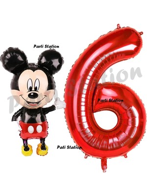 Parti Station Mickey Mouse Balon 6 Yaş Doğum Günü Set Mickey Mouse Konsept Balon ve Kırmızı Rakam Balon